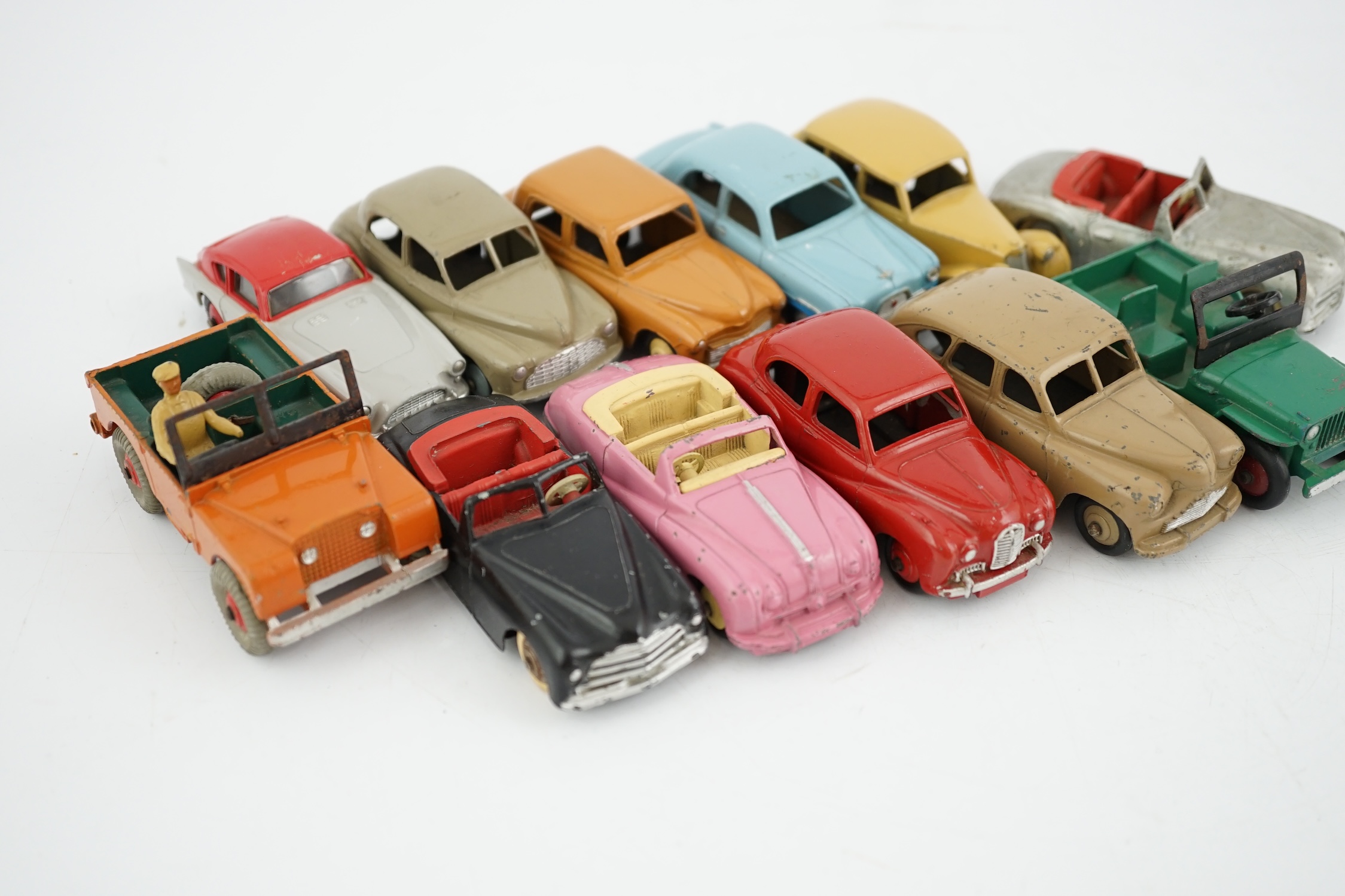 Twelve Dinky Toys, including; Austin Somerset, Triumph, Ford Zephyr, Morris Oxford, Vanguard, Simca 8 Sport, etc.